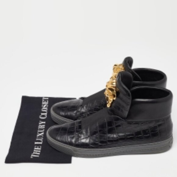 Versace Black Croc Embossed Leather Medusa High Top Sneakers Size 44 - Picture 2 of 7